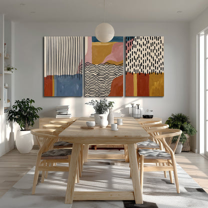 Terracotta, pink, mustard and blue shapes with black line patterns 3 piece canvas wall art room and product view