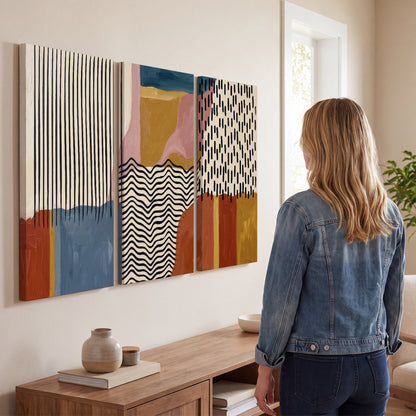 Terracotta, pink, mustard and blue shapes with black line patterns 3 piece canvas wall art three panel arrangement on a wall