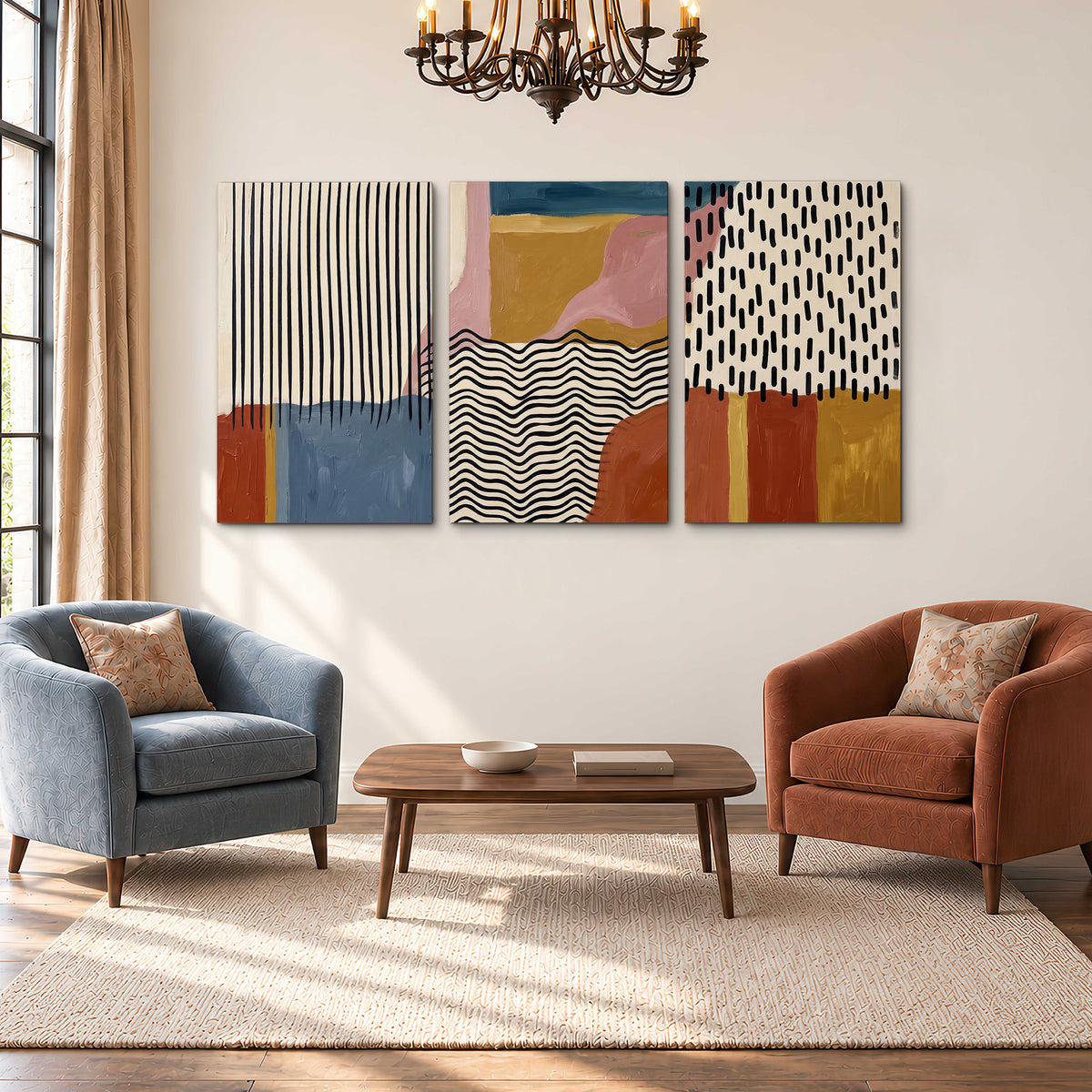 Terracotta, pink, mustard and blue shapes with black line patterns 3 piece canvas wall art styled in an interior