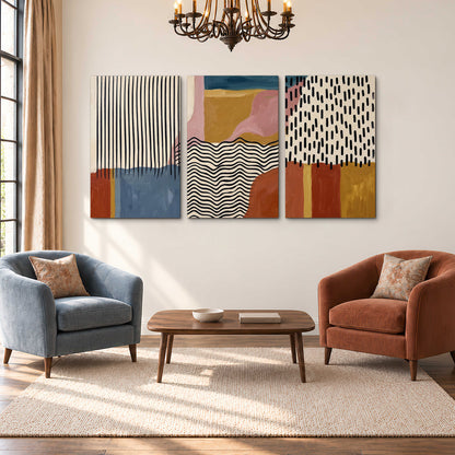 Terracotta, pink, mustard and blue shapes with black line patterns 3 piece canvas wall art styled in an interior