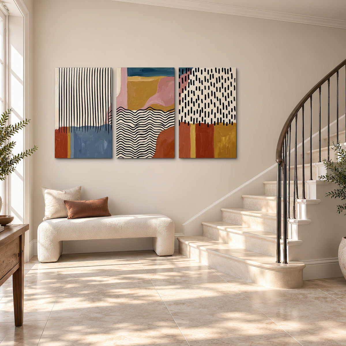 Terracotta, pink, mustard and blue shapes with black line patterns 3 piece canvas wall art styled in an interior