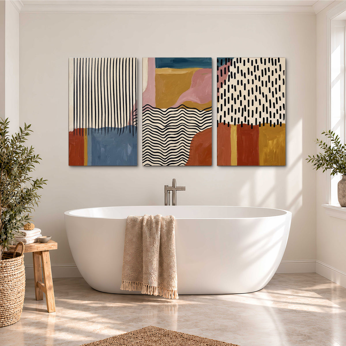Terracotta, pink, mustard and blue shapes with black line patterns 3 piece canvas wall art styled in an interior