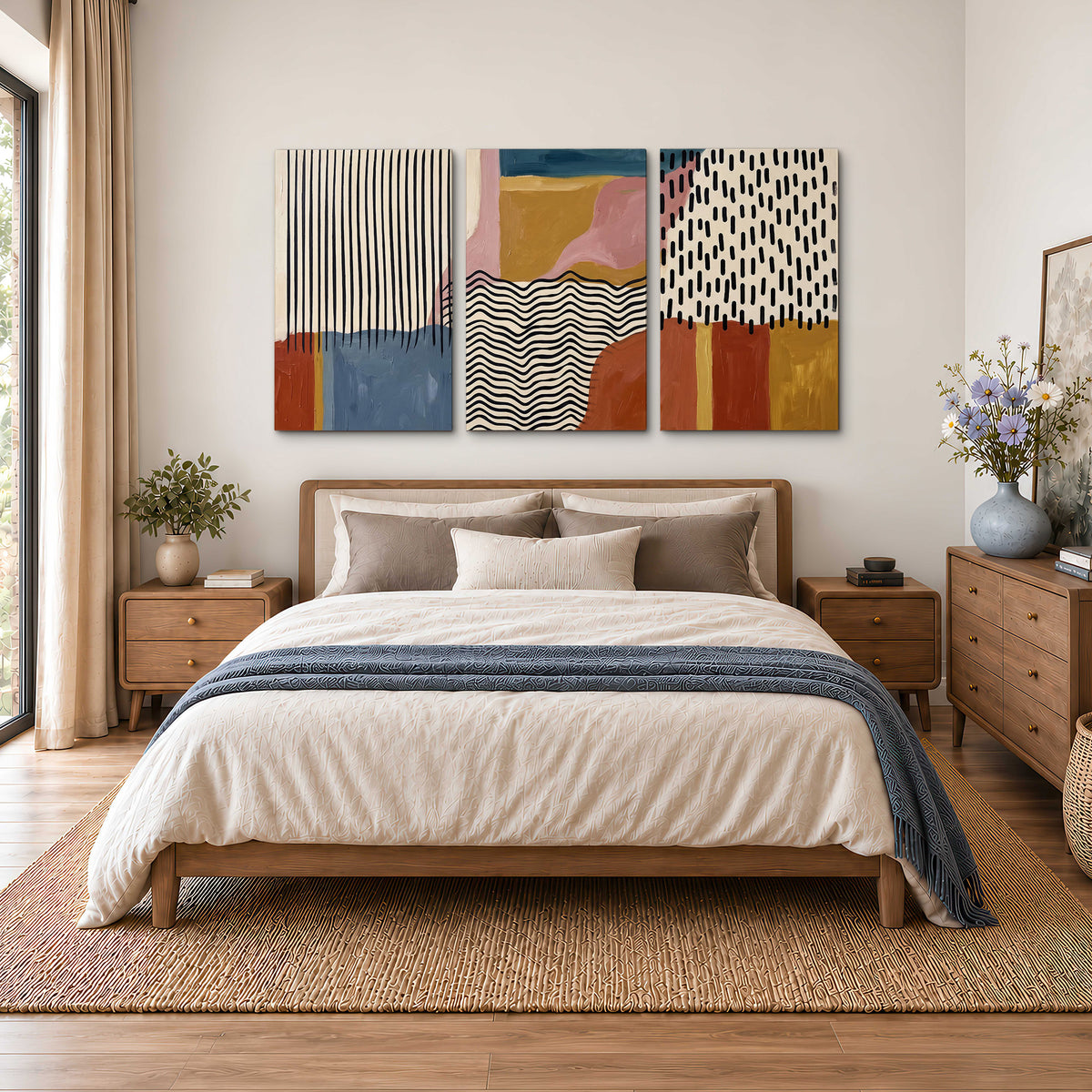 Terracotta, pink, mustard and blue shapes with black line patterns 3 piece canvas wall art styled in an interior
