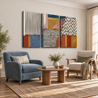 Terracotta, pink, mustard and blue shapes with black line patterns 3 piece canvas wall art styled in an interior