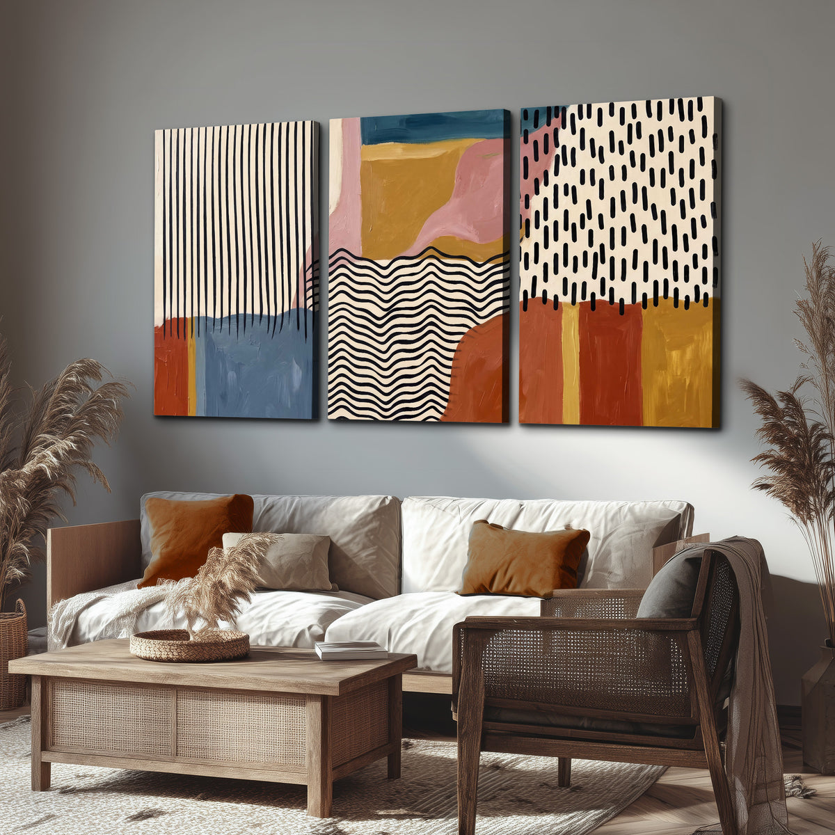 Terracotta, pink, mustard and blue shapes with black line patterns 3 piece canvas wall art displayed in a rustic living room