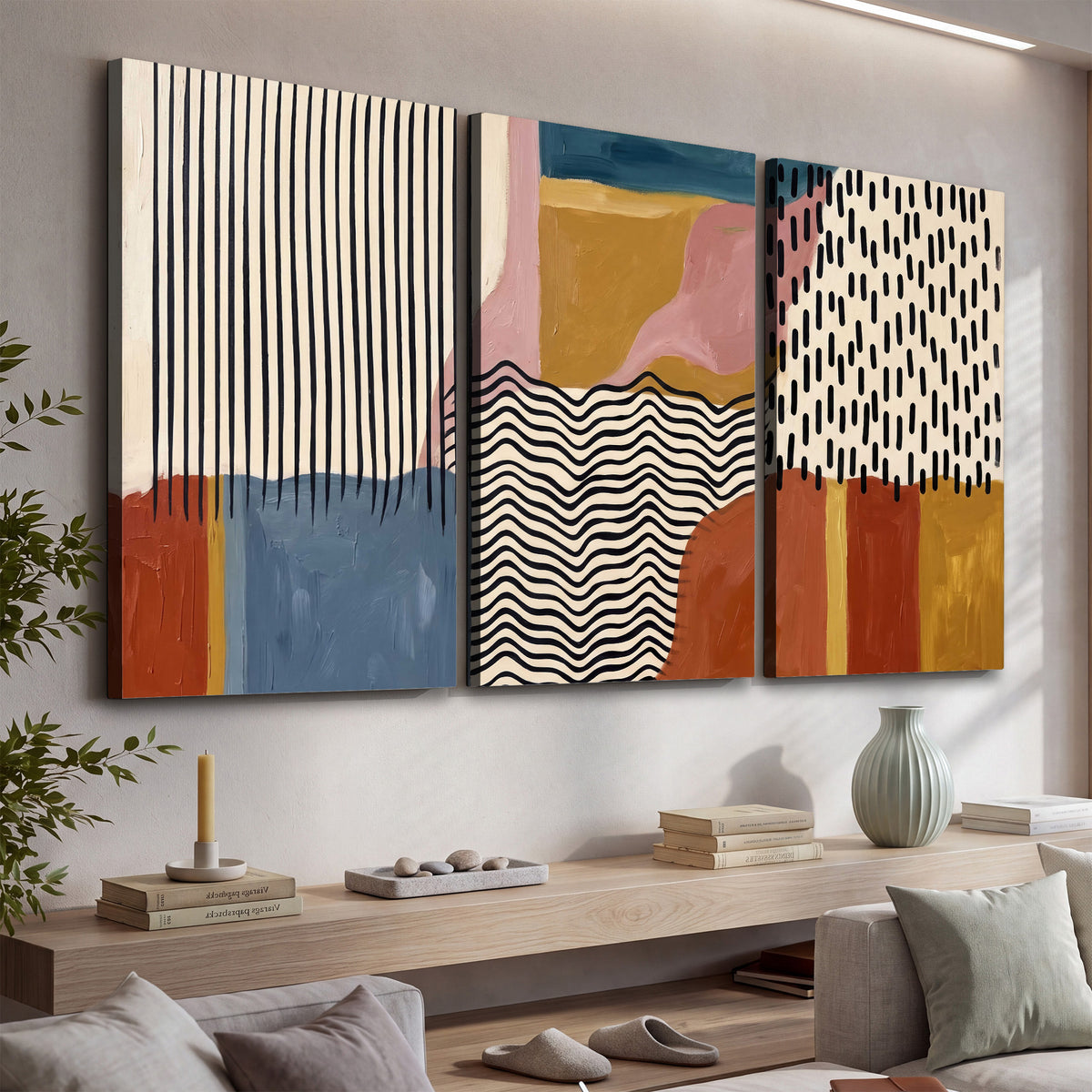 Terracotta, pink, mustard and blue shapes with black line patterns 3 piece canvas wall art displayed in a console