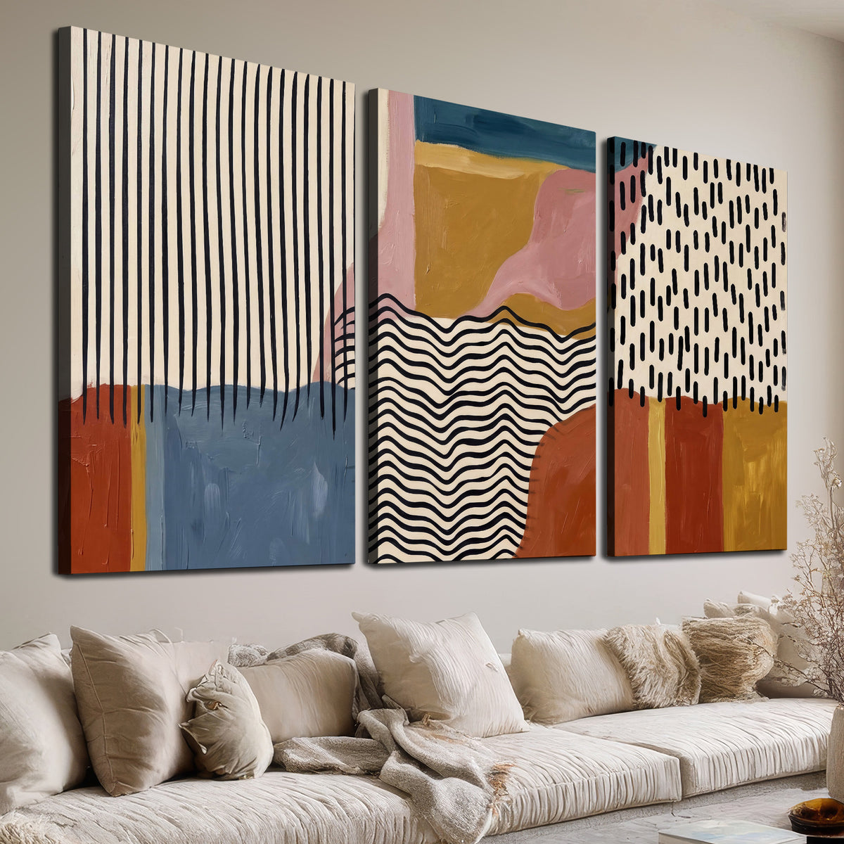 Terracotta, pink, mustard and blue shapes with black line patterns 3 piece canvas wall art room and product view