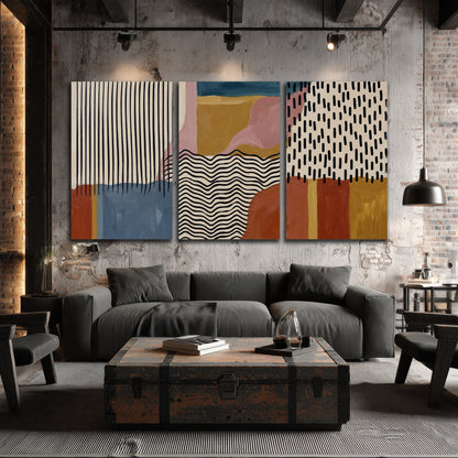 Terracotta, pink, mustard and blue shapes with black line patterns 3 piece canvas wall art displayed in a industrial room