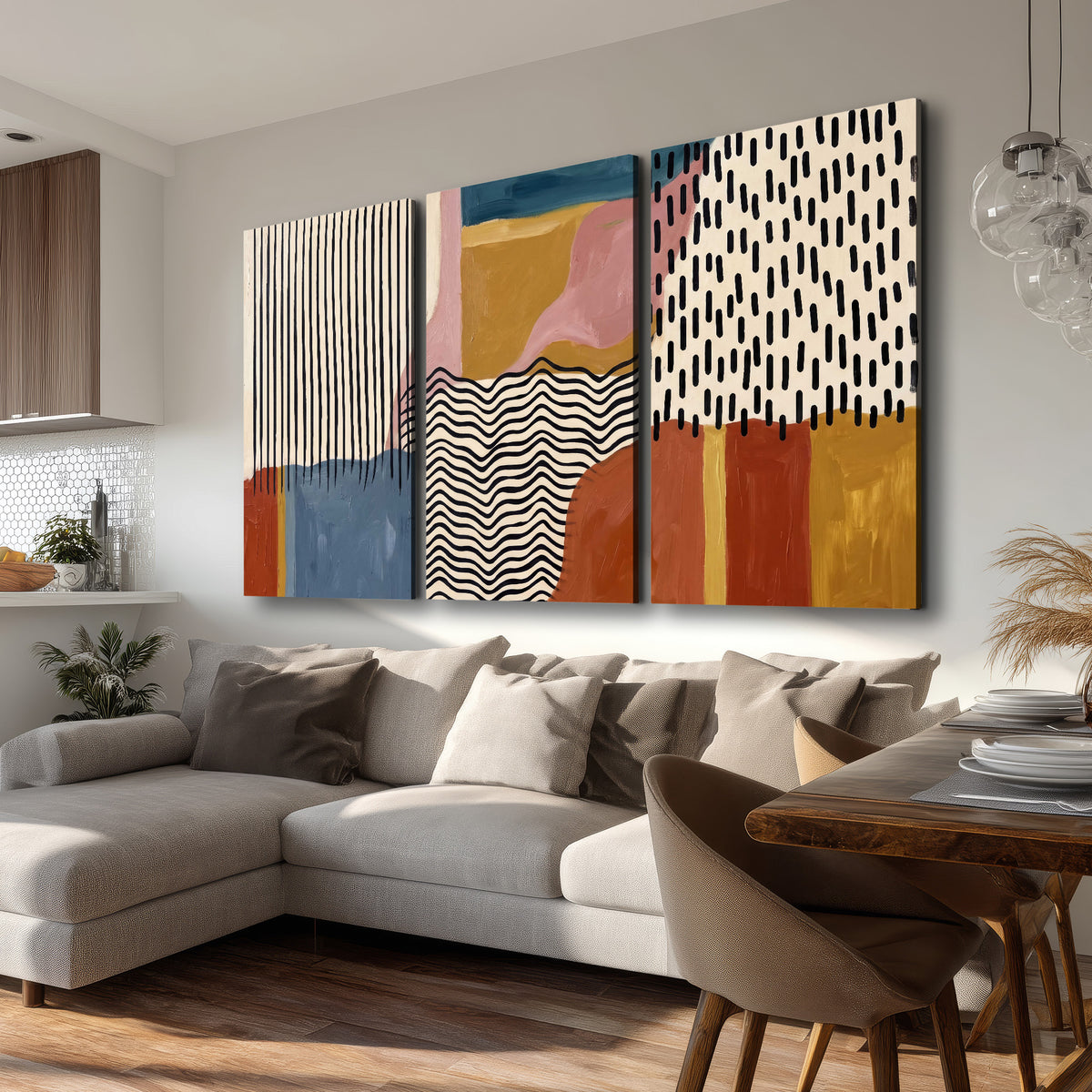 Terracotta, pink, mustard and blue shapes with black line patterns 3 piece canvas wall art room and product view