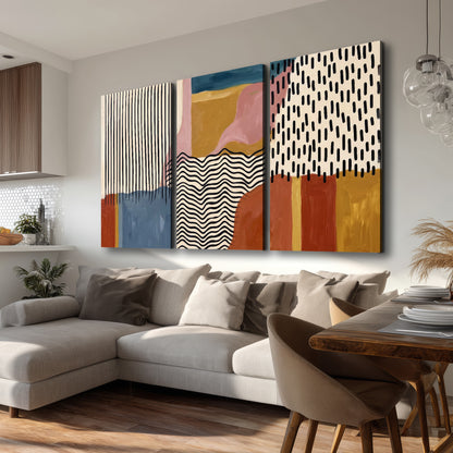 Terracotta, pink, mustard and blue shapes with black line patterns 3 piece canvas wall art room and product view