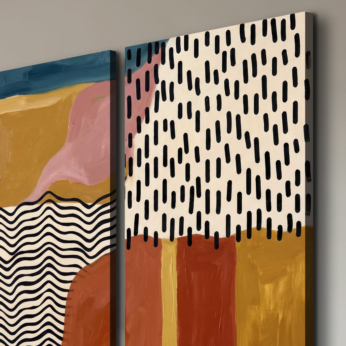 Terracotta, pink, mustard and blue shapes with black line patterns 3 piece canvas wall art room and product view