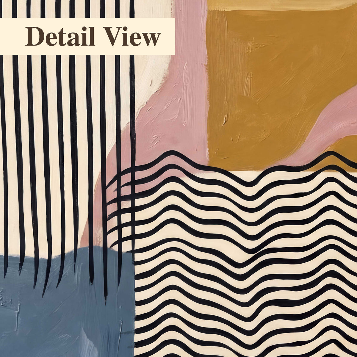 Terracotta, pink, mustard and blue shapes with black line patterns 3 piece canvas wall art artwork detail close up