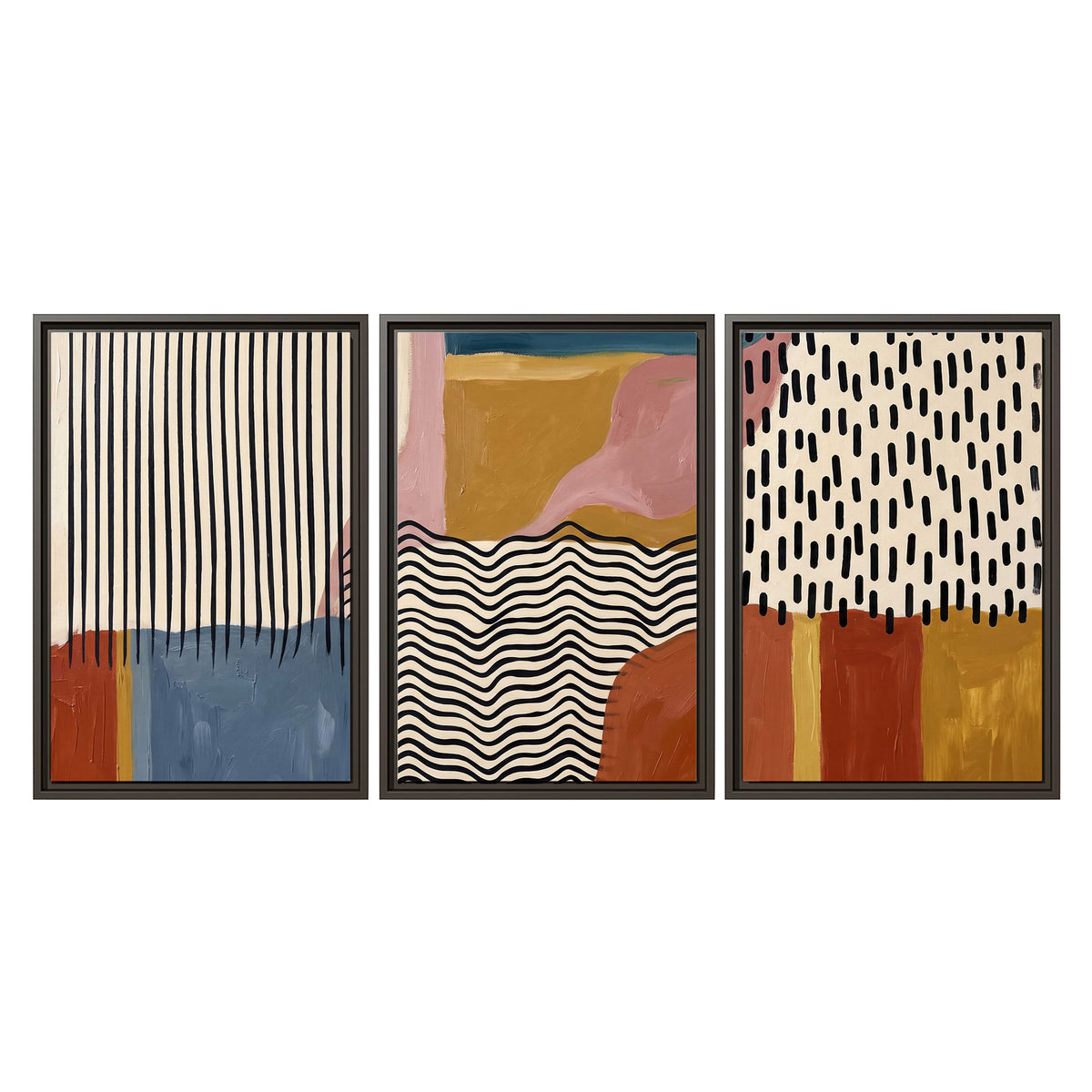 Terracotta, pink, mustard and blue shapes with black line patterns 3 piece framed canvas wall art viewed straight on