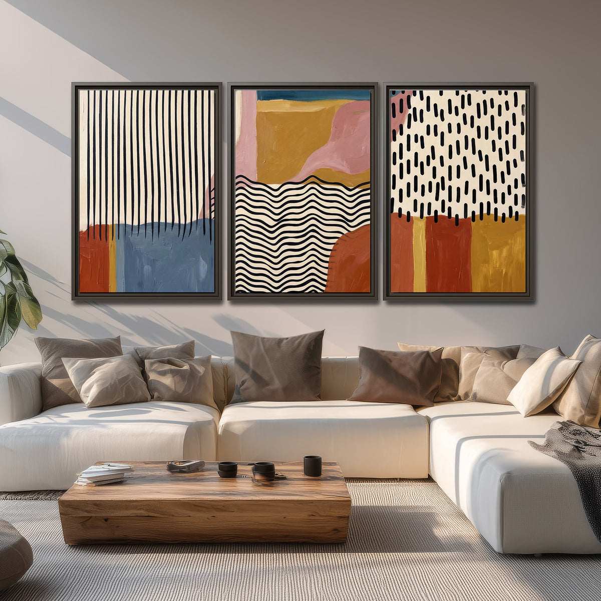 Terracotta, pink, mustard and blue shapes with black line patterns 3 piece framed canvas wall art displayed in a living room