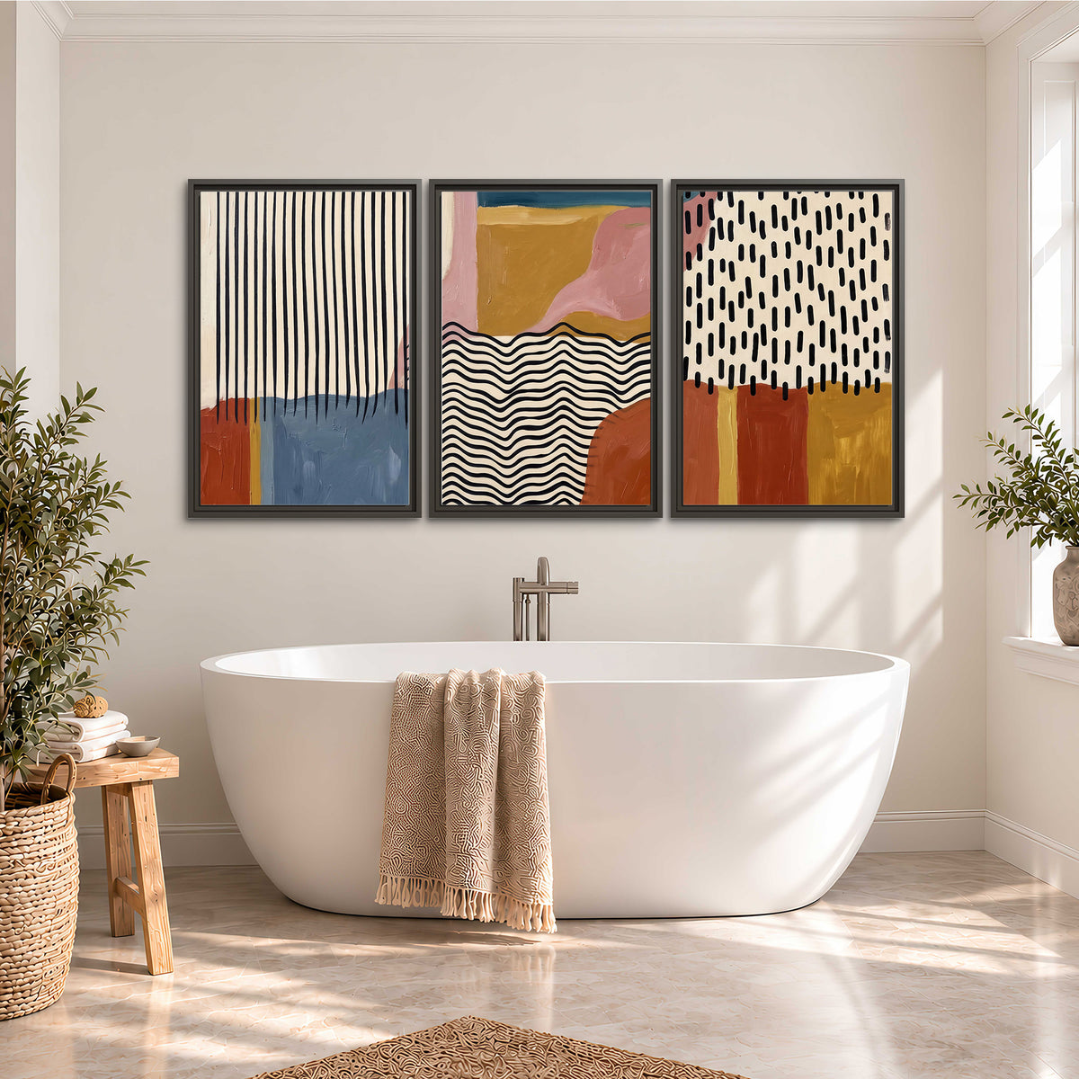 Terracotta, pink, mustard and blue shapes with black line patterns 3 piece framed canvas wall art styled in an interior