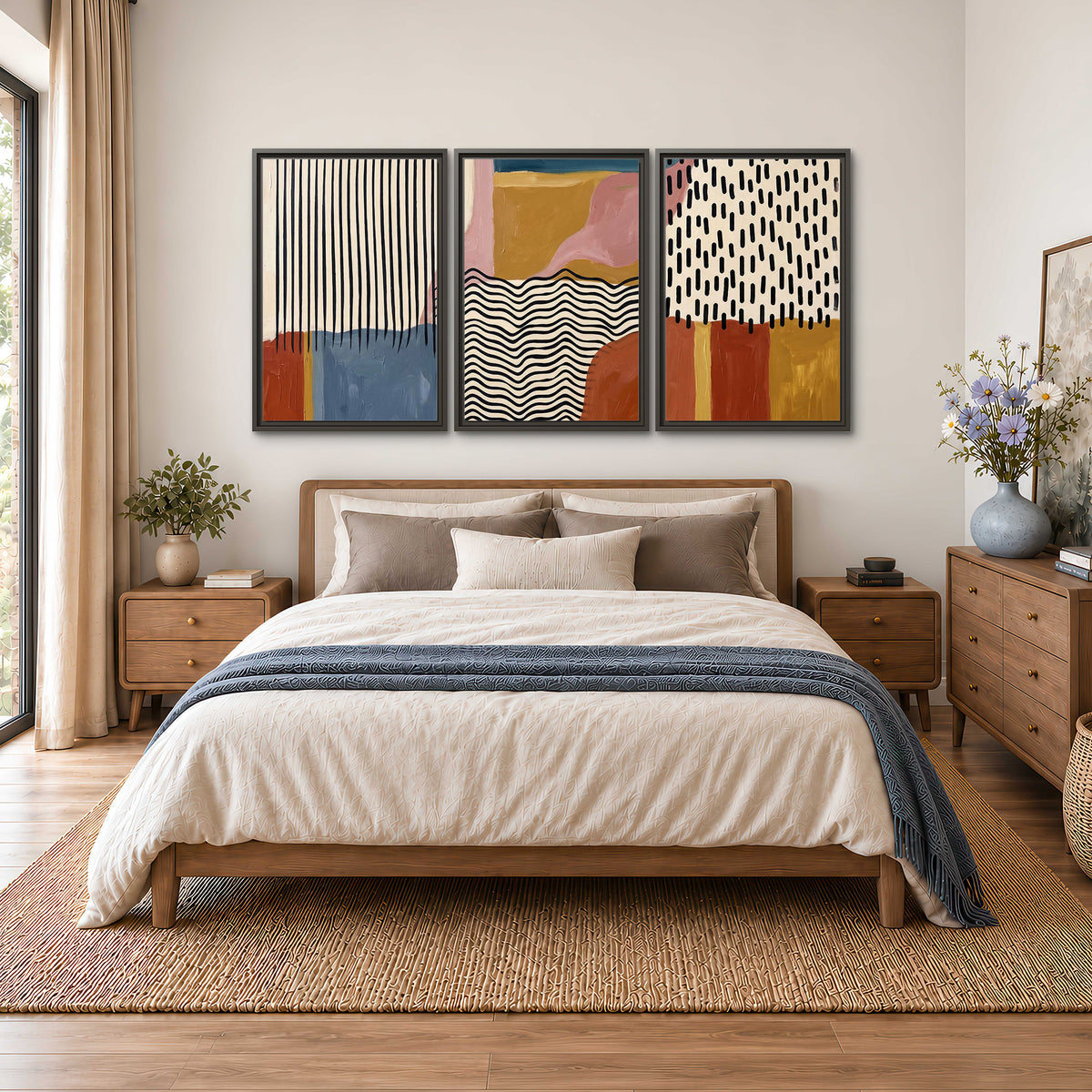 Terracotta, pink, mustard and blue shapes with black line patterns 3 piece framed canvas wall art styled in an interior