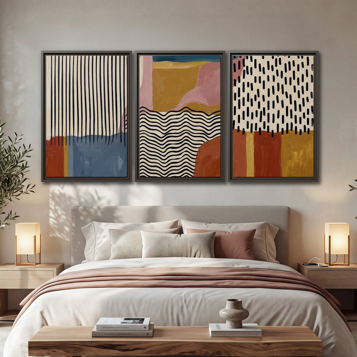 Terracotta, pink, mustard and blue shapes with black line patterns 3 piece framed canvas wall art displayed in a bedroom