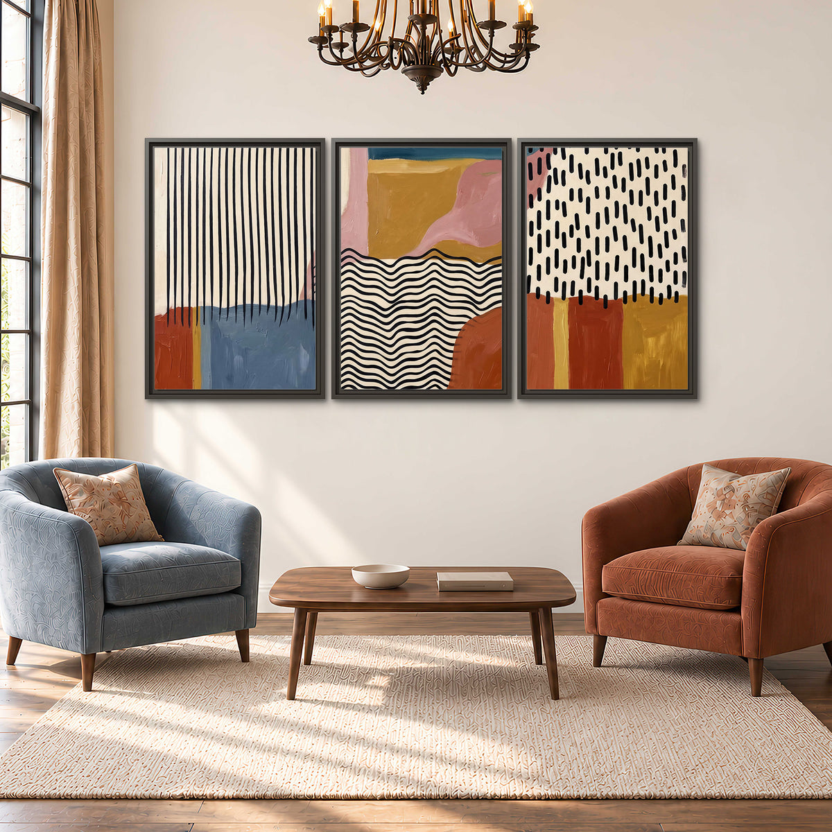 Terracotta, pink, mustard and blue shapes with black line patterns 3 piece framed canvas wall art styled in an interior