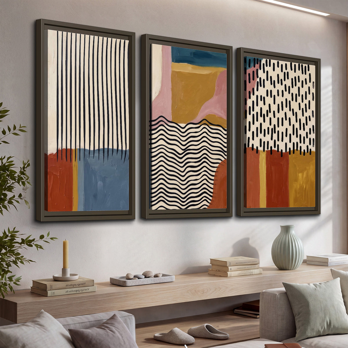 Terracotta, pink, mustard and blue shapes with black line patterns 3 piece framed canvas wall art displayed in a console
