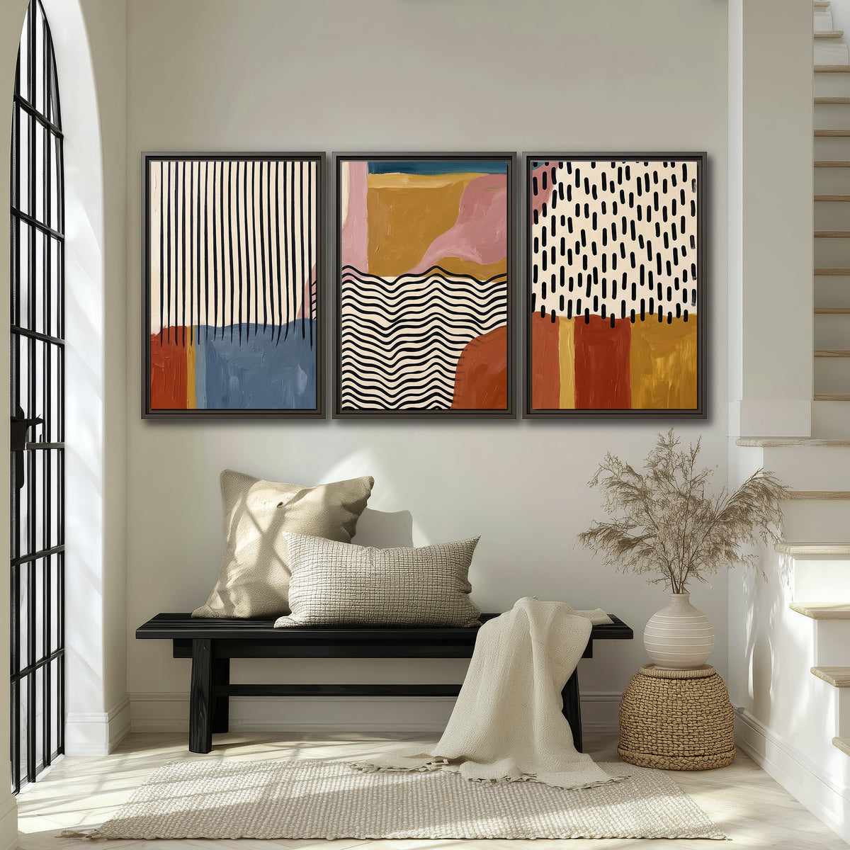 Terracotta, pink, mustard and blue shapes with black line patterns 3 piece framed canvas wall art displayed in a entryway
