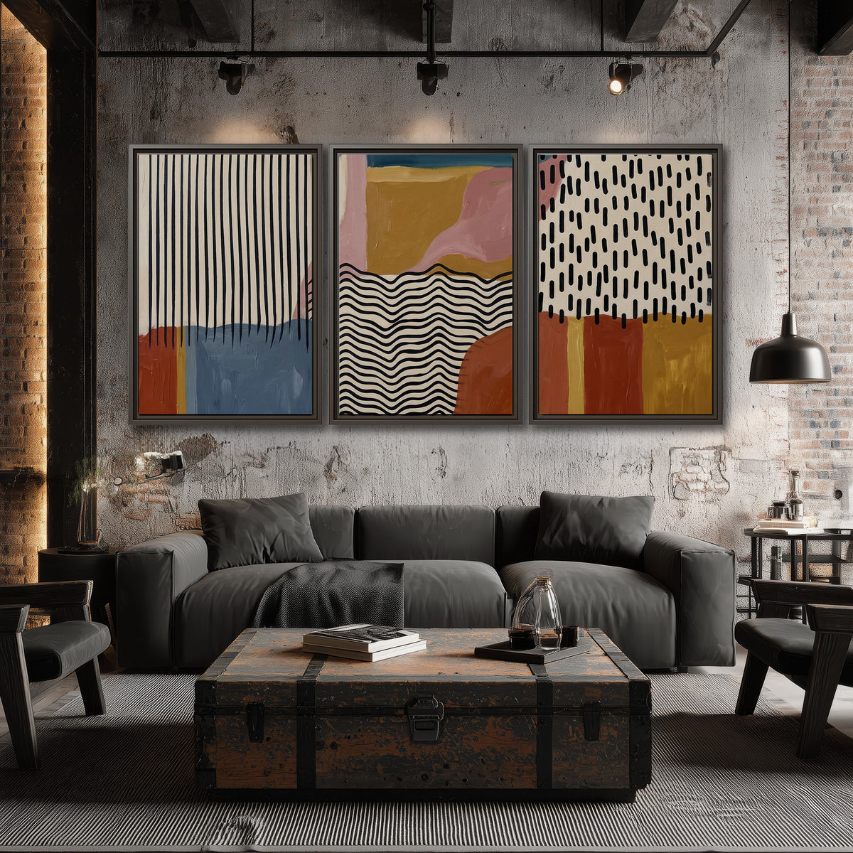Terracotta, pink, mustard and blue shapes with black line patterns 3 piece framed canvas wall art displayed in a industrial room