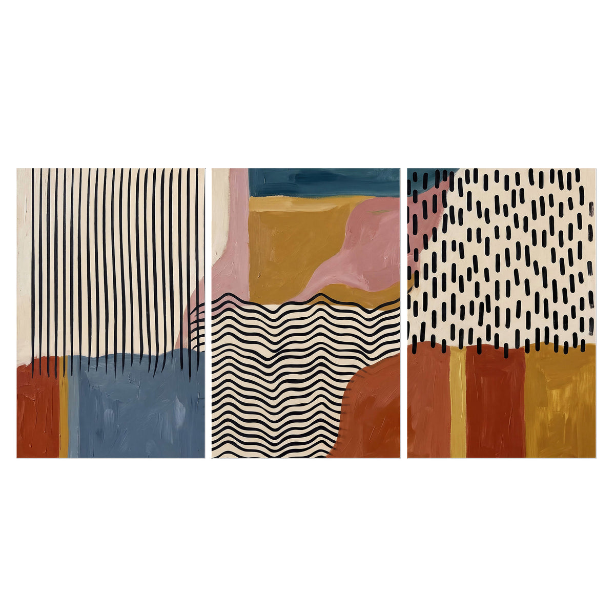 Terracotta, pink, mustard and blue shapes with black line patterns set of 3 poster prints viewed straight on