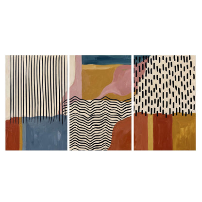 Terracotta, pink, mustard and blue shapes with black line patterns set of 3 poster prints viewed straight on