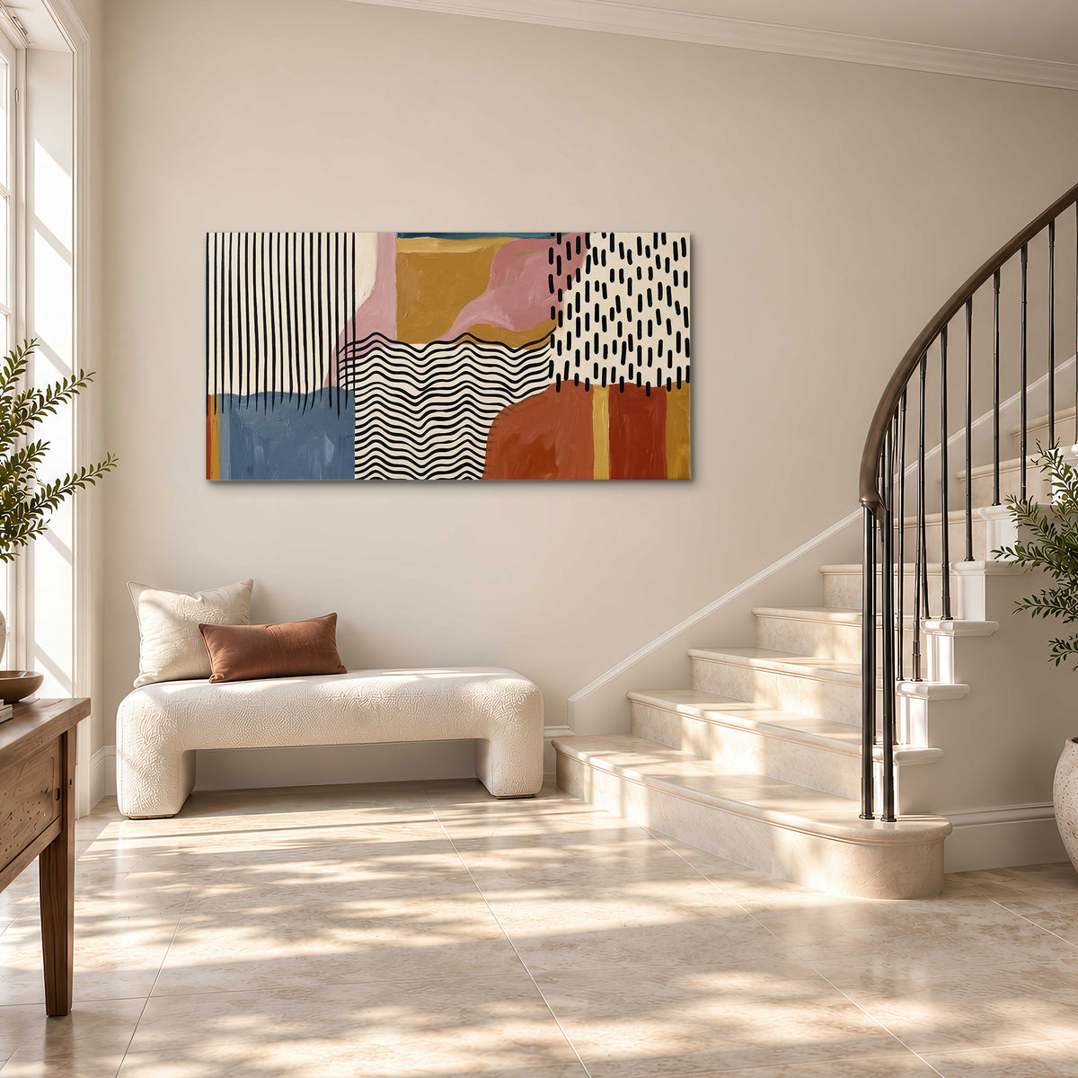 Terracotta, pink, mustard and blue shapes with black line patterns single canvas wall art styled in an interior