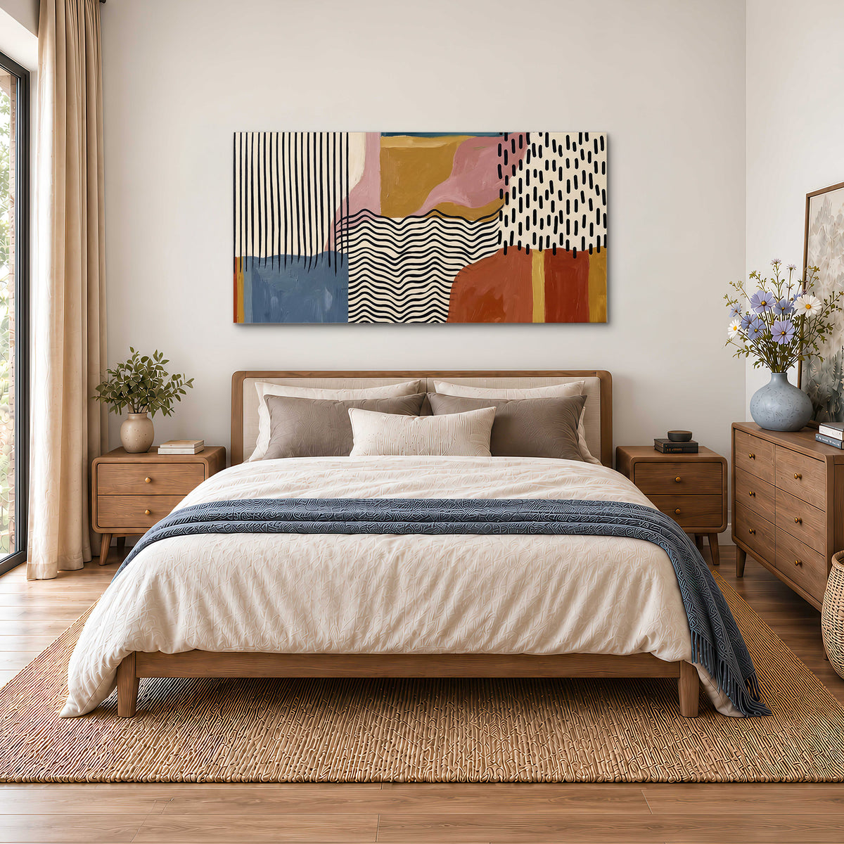 Terracotta, pink, mustard and blue shapes with black line patterns single canvas wall art styled in an interior