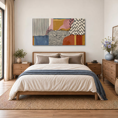 Terracotta, pink, mustard and blue shapes with black line patterns single canvas wall art styled in an interior