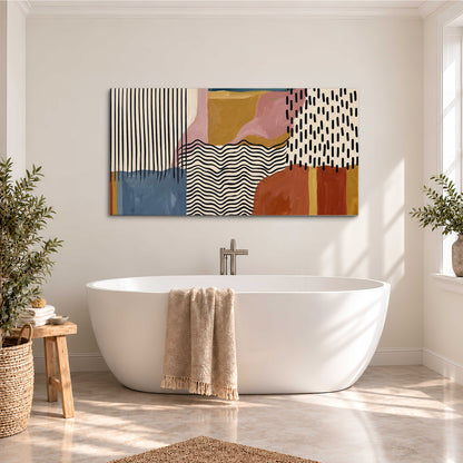 Terracotta, pink, mustard and blue shapes with black line patterns single canvas wall art styled in an interior