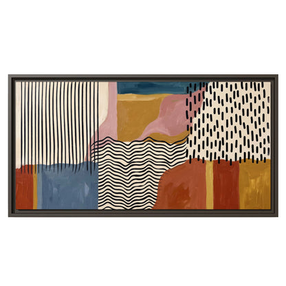 Terracotta, pink, mustard and blue shapes with black line patterns single framed canvas wall art viewed straight on