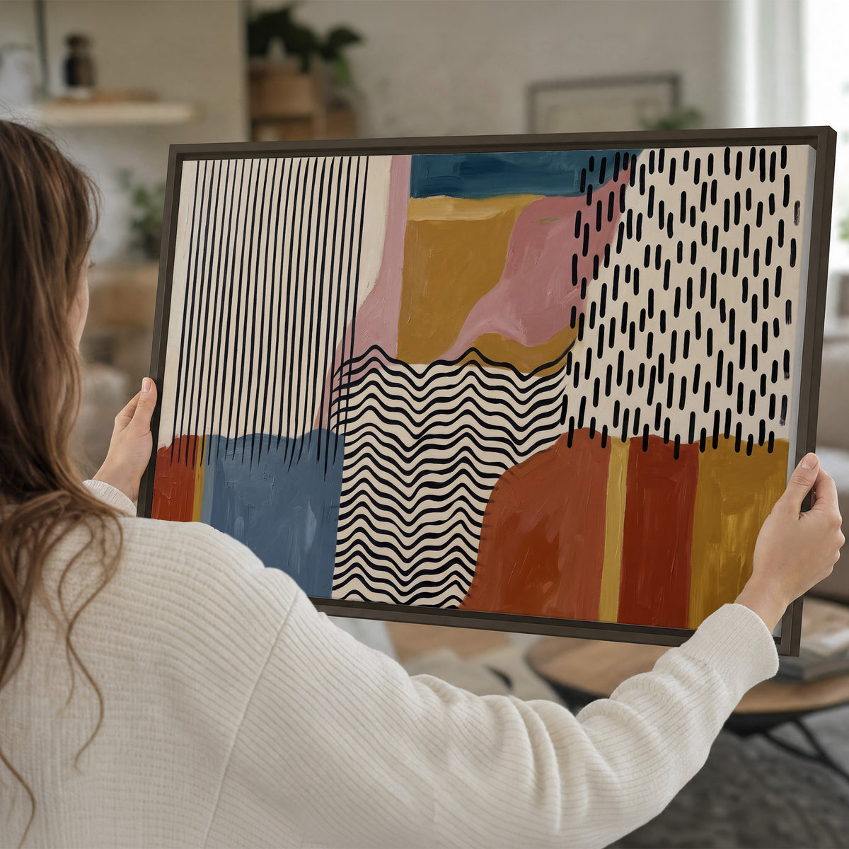 Terracotta, pink, mustard and blue shapes with black line patterns single framed canvas wall art held in hands