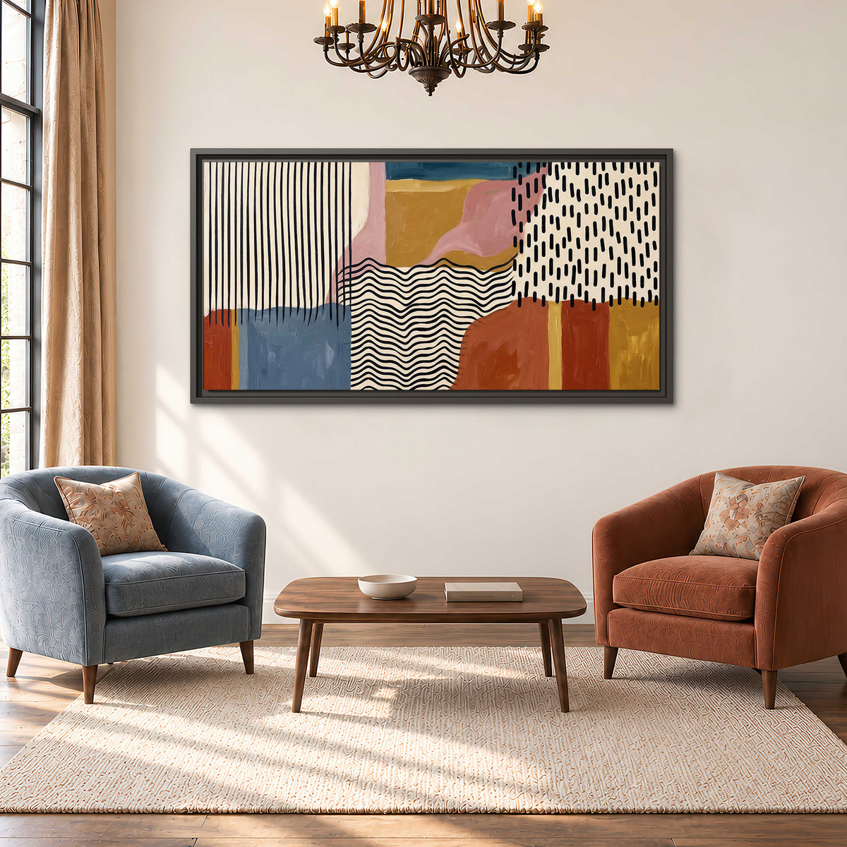 Terracotta, pink, mustard and blue shapes with black line patterns single framed canvas wall art styled in an interior