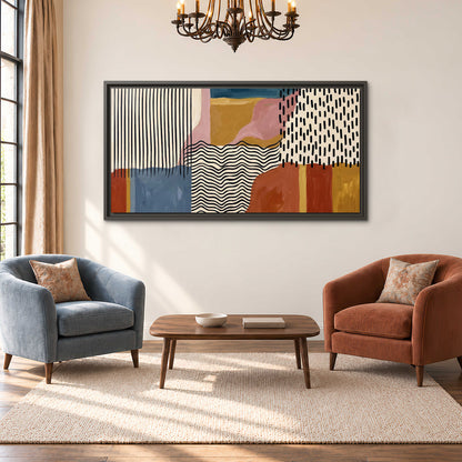 Terracotta, pink, mustard and blue shapes with black line patterns single framed canvas wall art styled in an interior