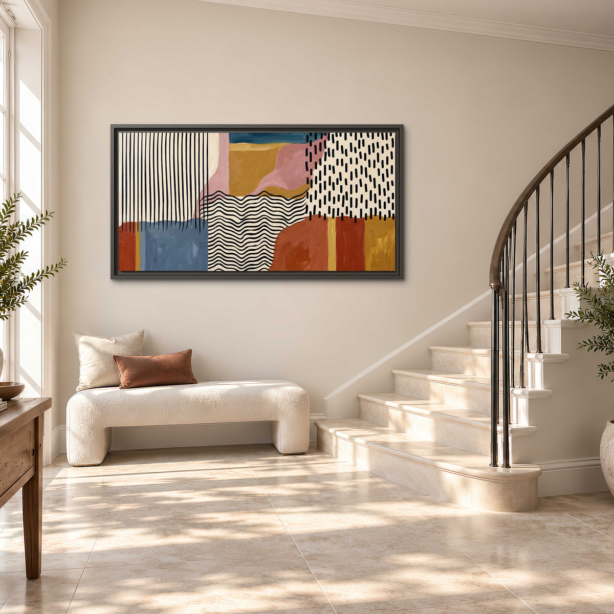 Terracotta, pink, mustard and blue shapes with black line patterns single framed canvas wall art styled in an interior