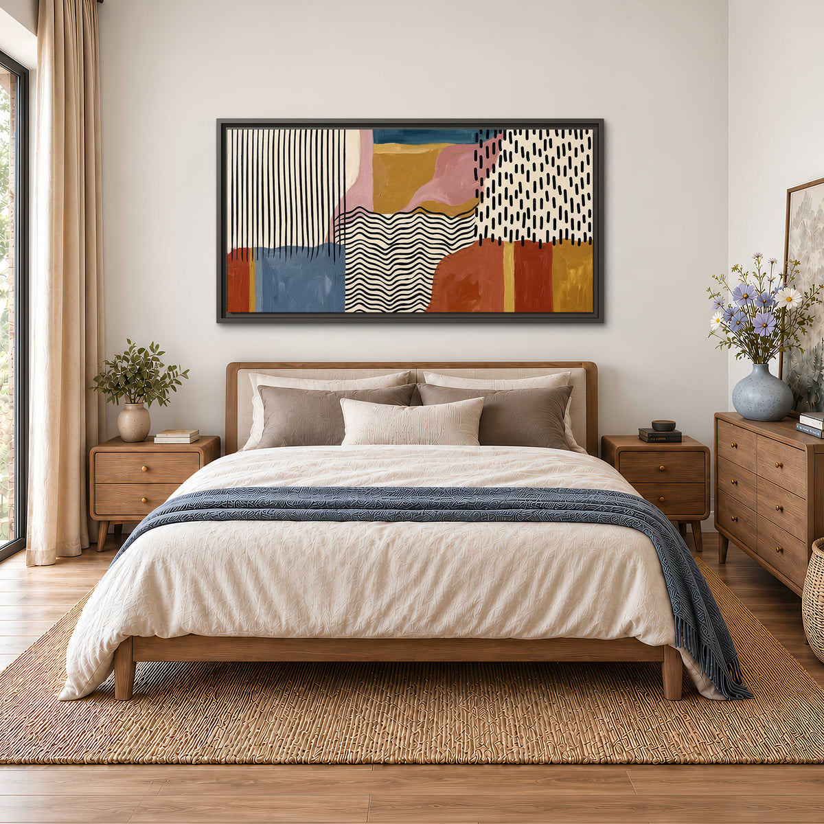 Terracotta, pink, mustard and blue shapes with black line patterns single framed canvas wall art styled in an interior