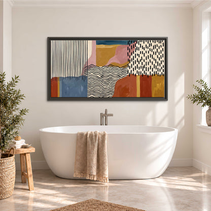 Terracotta, pink, mustard and blue shapes with black line patterns single framed canvas wall art styled in an interior