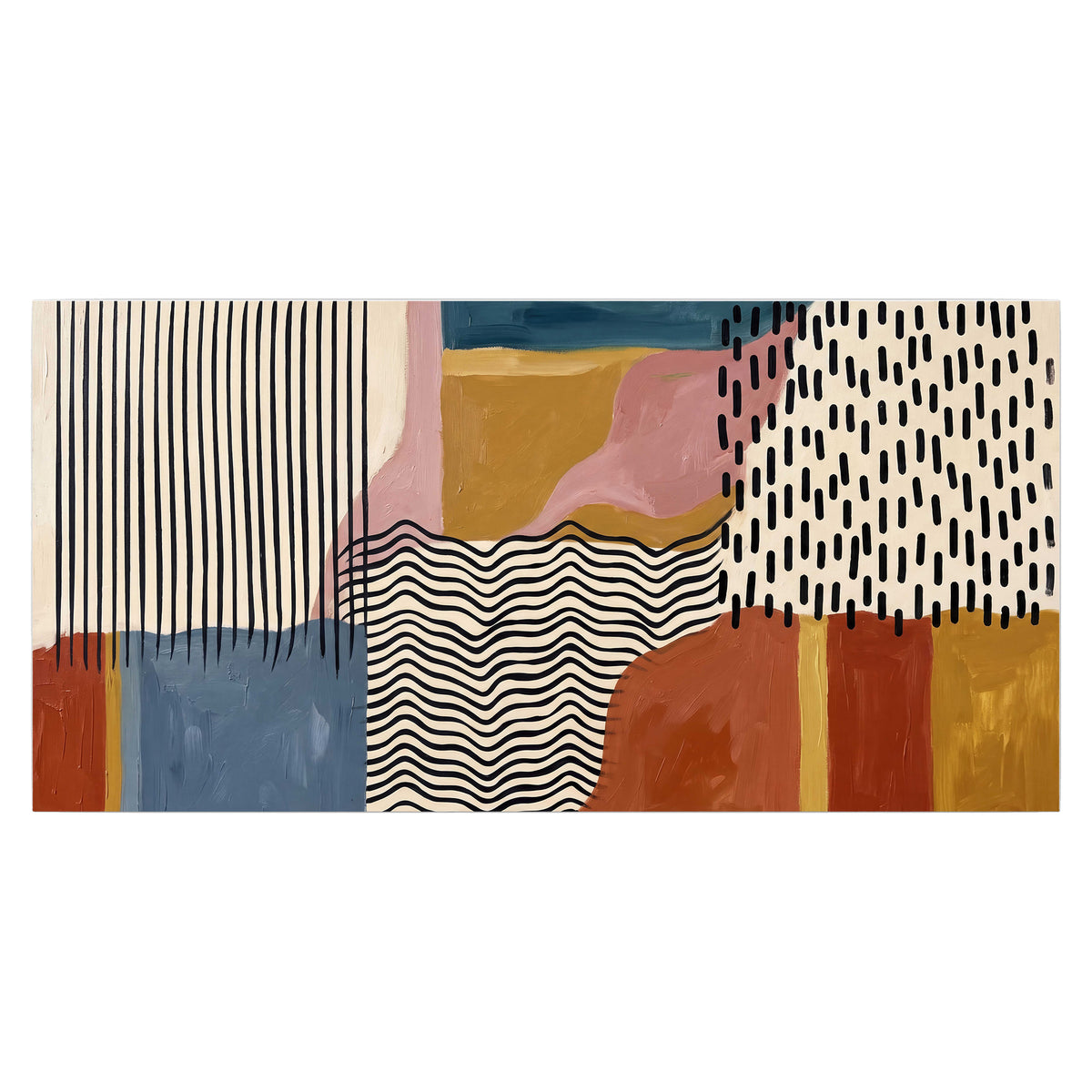 Terracotta, pink, mustard and blue shapes with black line patterns single poster print viewed straight on