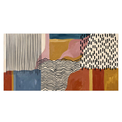 Terracotta, pink, mustard and blue shapes with black line patterns single poster print viewed straight on