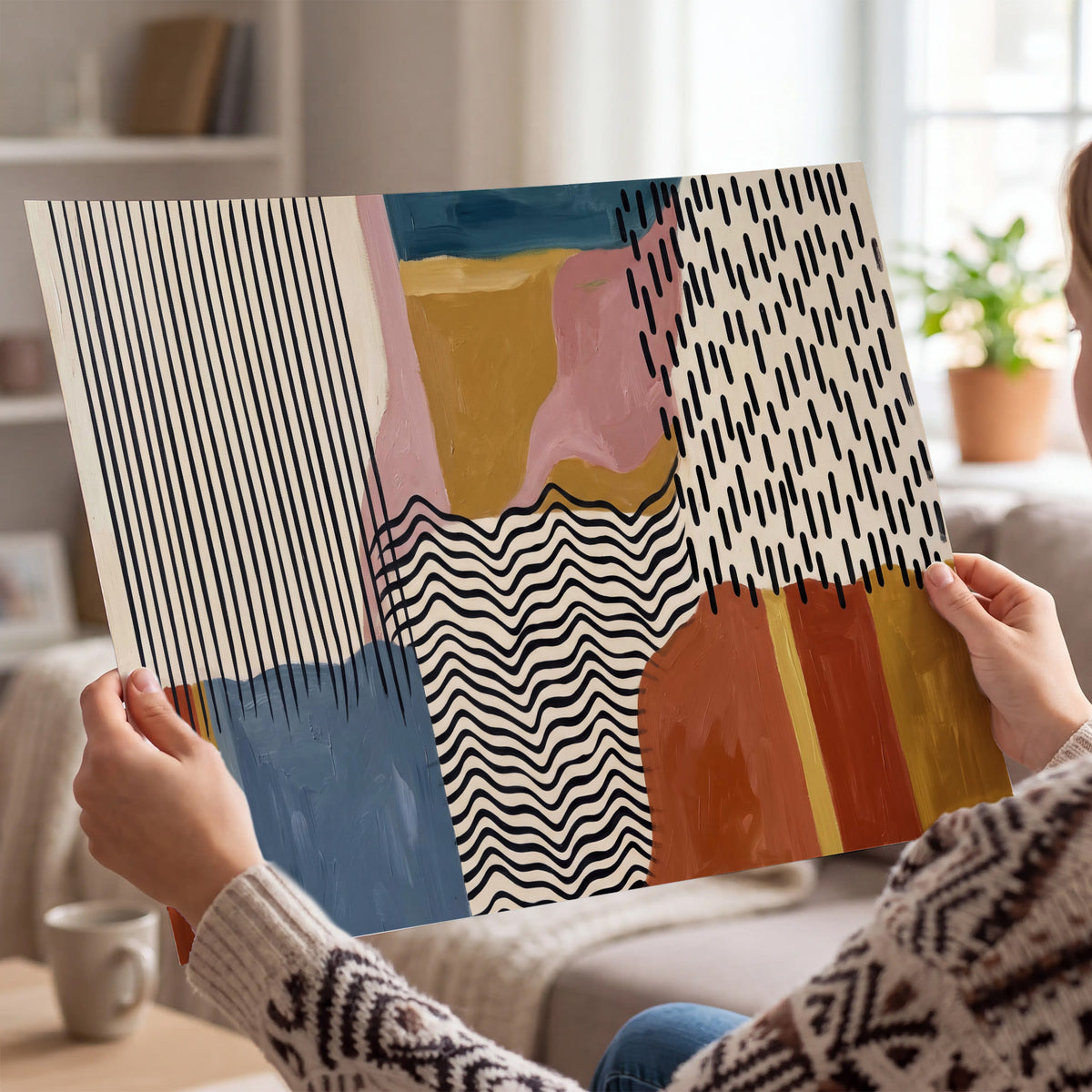 Terracotta, pink, mustard and blue shapes with black line patterns single poster print held in hands