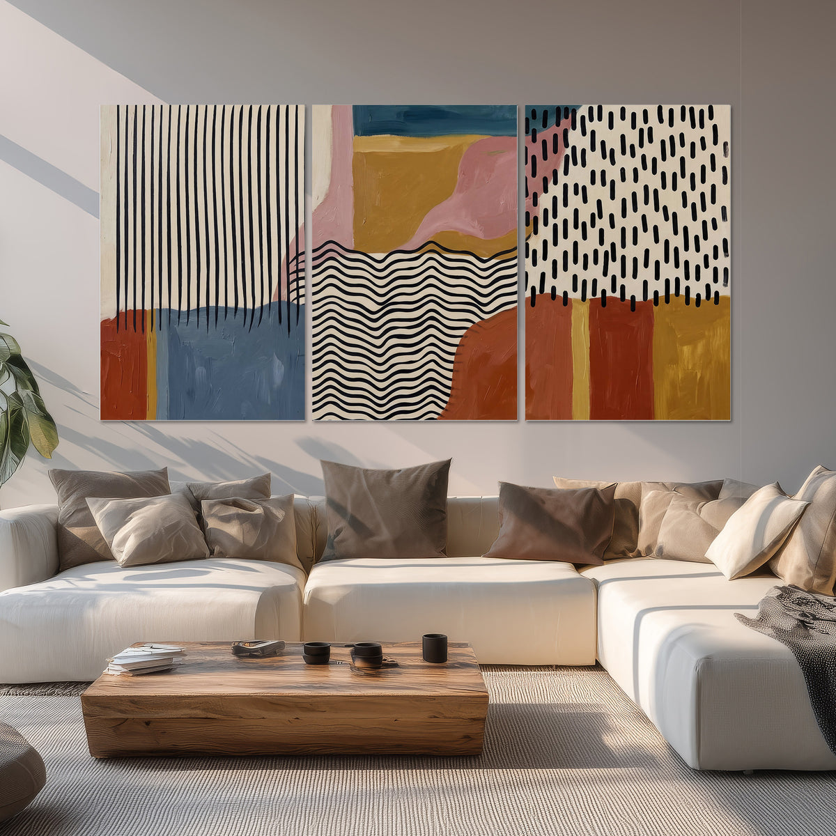 Terracotta, pink, mustard and blue shapes with black line patterns set of 3 poster prints displayed in a living room
