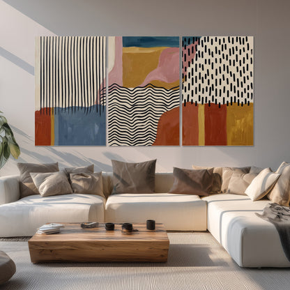Terracotta, pink, mustard and blue shapes with black line patterns set of 3 poster prints displayed in a living room