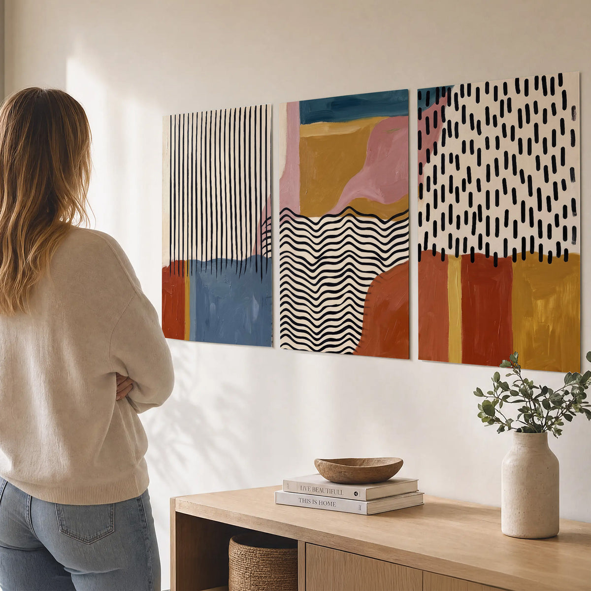Terracotta, pink, mustard and blue shapes with black line patterns set of 3 poster prints three panel arrangement on a wall
