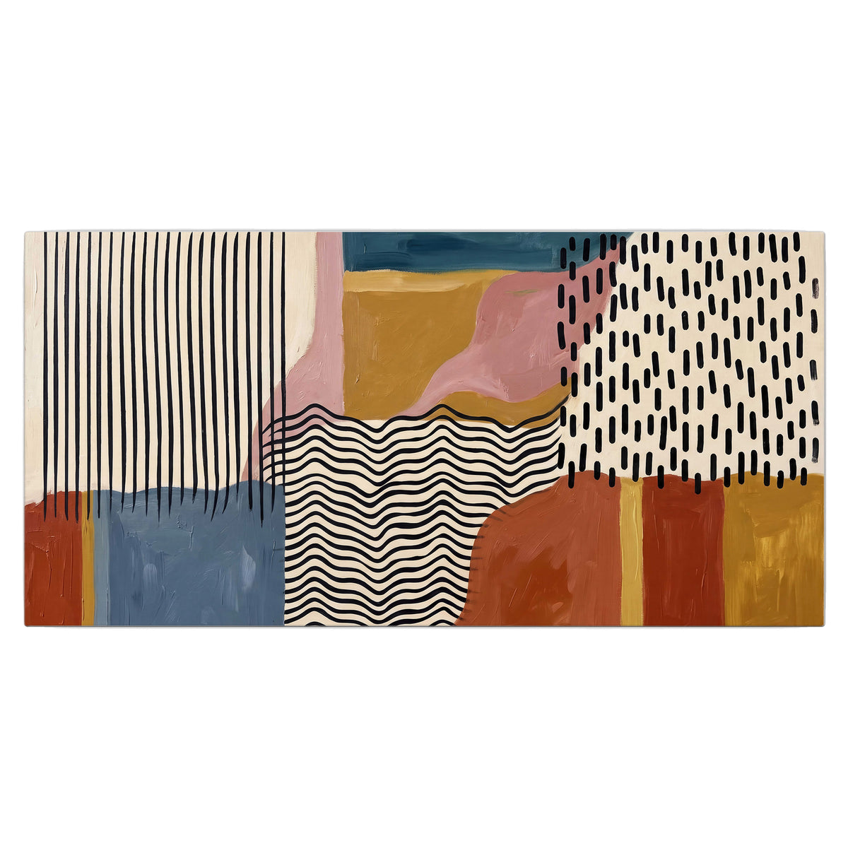 Terracotta, pink, mustard and blue shapes with black line patterns single canvas wall art viewed straight on