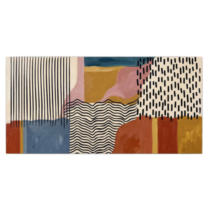 Terracotta, pink, mustard and blue shapes with black line patterns single canvas wall art viewed straight on