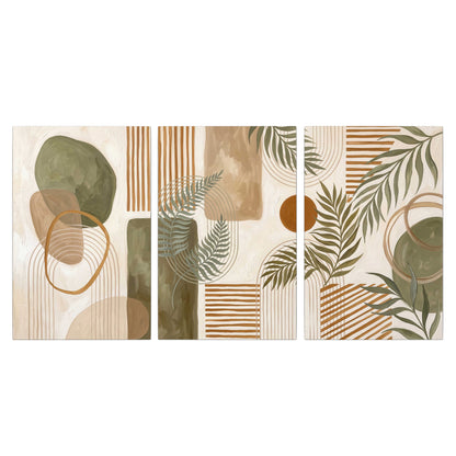 Green botanical leaves layered with ochre and cream geometric forms 3 piece canvas wall art viewed straight on