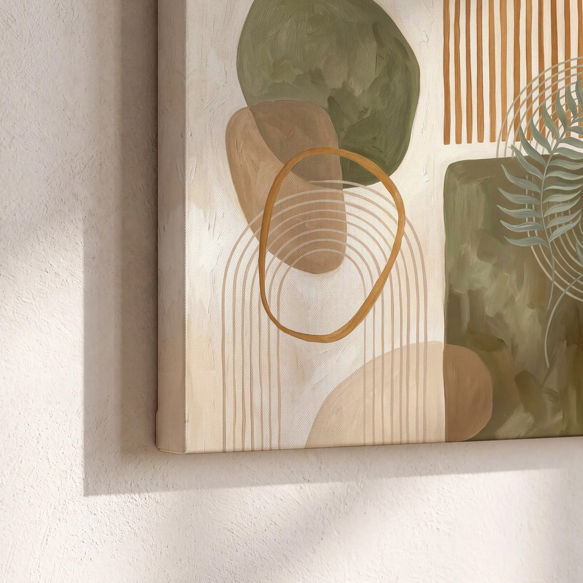 Green botanical leaves layered with ochre and cream geometric forms 3 piece canvas wall art material and edge close up