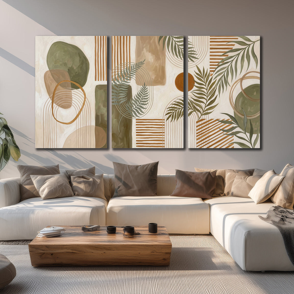 Green botanical leaves layered with ochre and cream geometric forms 3 piece canvas wall art displayed in a living room