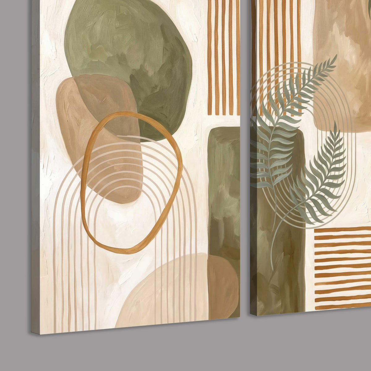 Green botanical leaves layered with ochre and cream geometric forms 3 piece canvas wall art room and product view